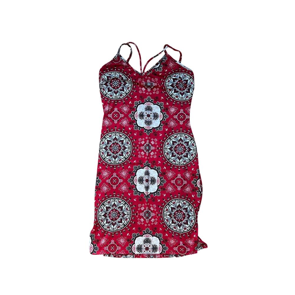 Vtg Y2K Charlotte Russe Mandala Print Mini Dress Red Black Medium